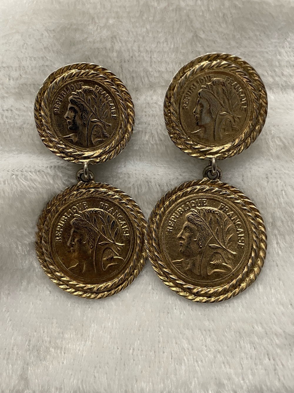 Vintage French Coin Double-Drop Earrings in Gold Tone 
3” L  2 1/4” W